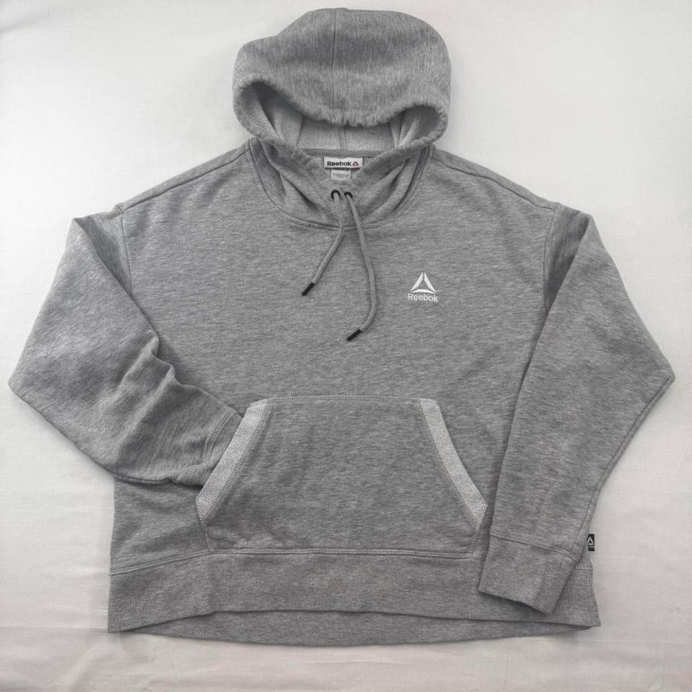 Reebok pullover grey hoodie white logo women L athleisure gym basics